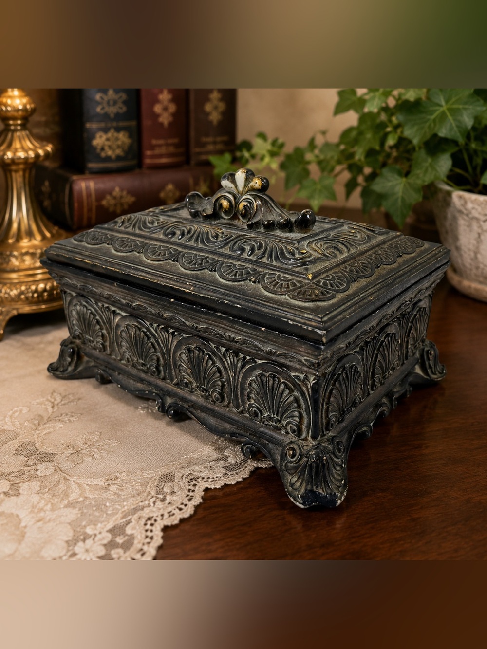 Vintage Rococo Style Resin Jewelry Trinket Box Hinged Lid Faux Bronze 9”